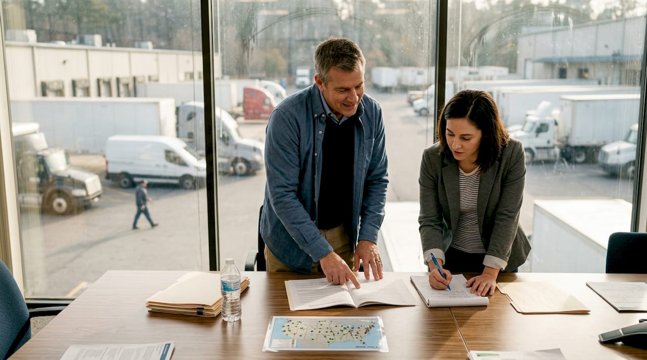 Fleet managers reviewing insurance policy by truck yard
