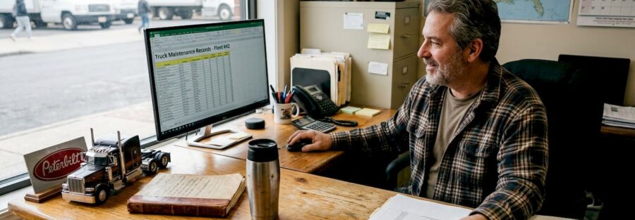 Fleet manager reviews truck insurance paperwork