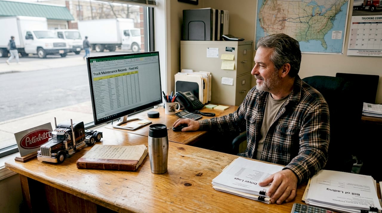 Fleet manager reviews truck insurance paperwork