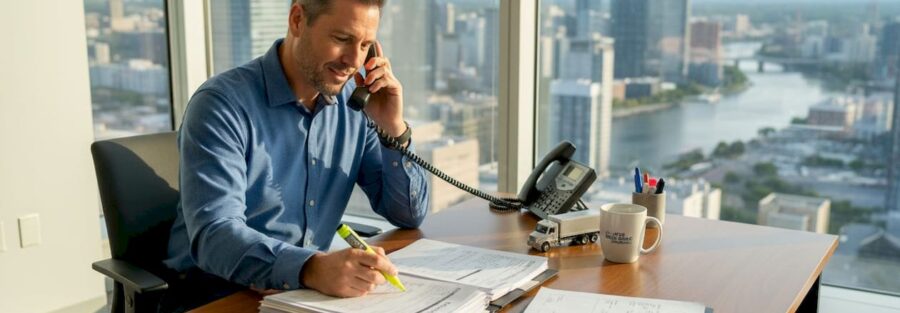 Insurance broker reviewing trucking fleet documents