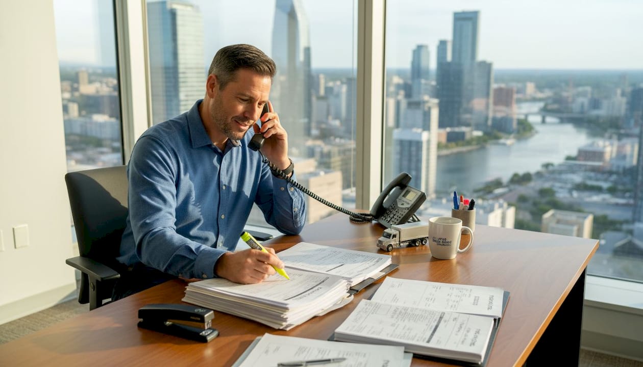Insurance broker reviewing trucking fleet documents