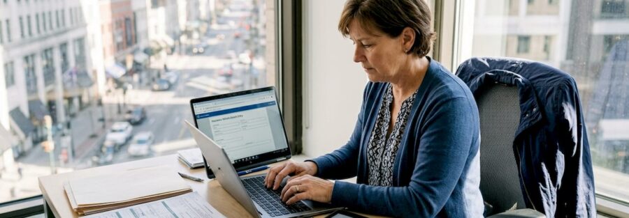 Fleet manager buying insurance online at desk