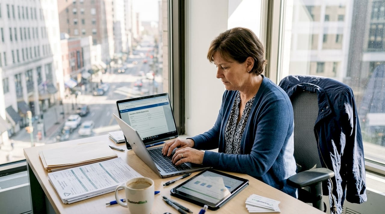 Fleet manager buying insurance online at desk