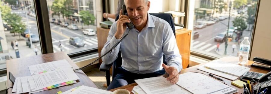 Trucking company owner reviewing liability coverage