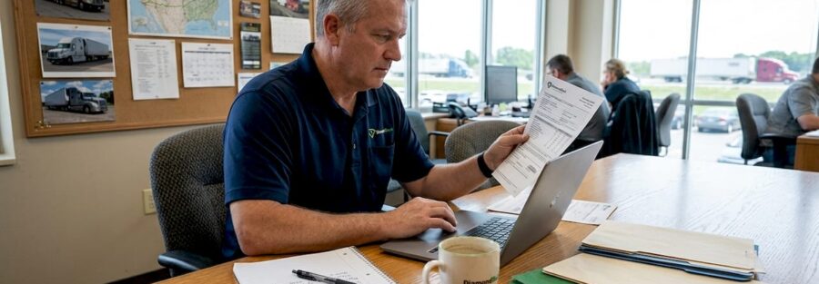 Fleet manager reviewing insurance quotes at desk