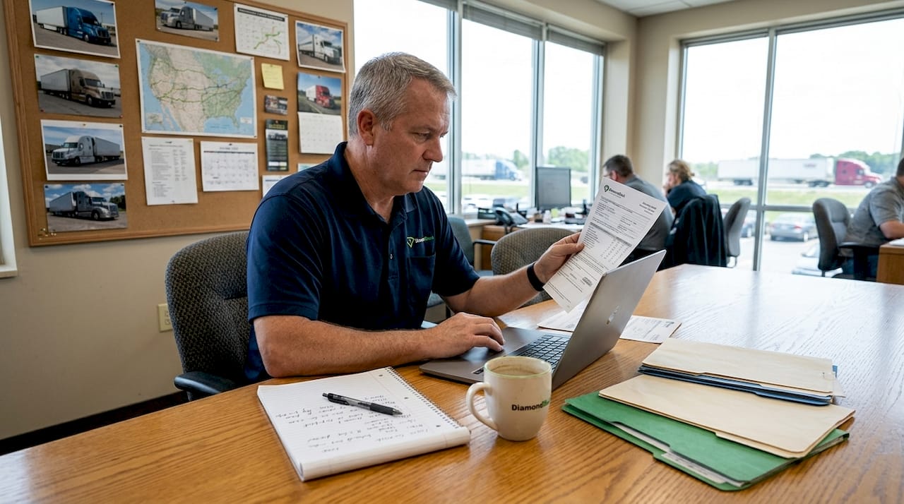 Fleet manager reviewing insurance quotes at desk