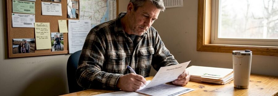 Truck driver reviewing insurance documents at desk