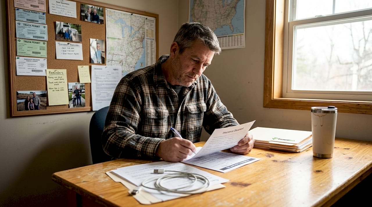 Truck driver reviewing insurance documents at desk
