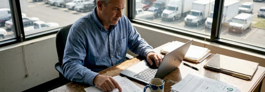 Fleet manager reviewing liability coverage documents