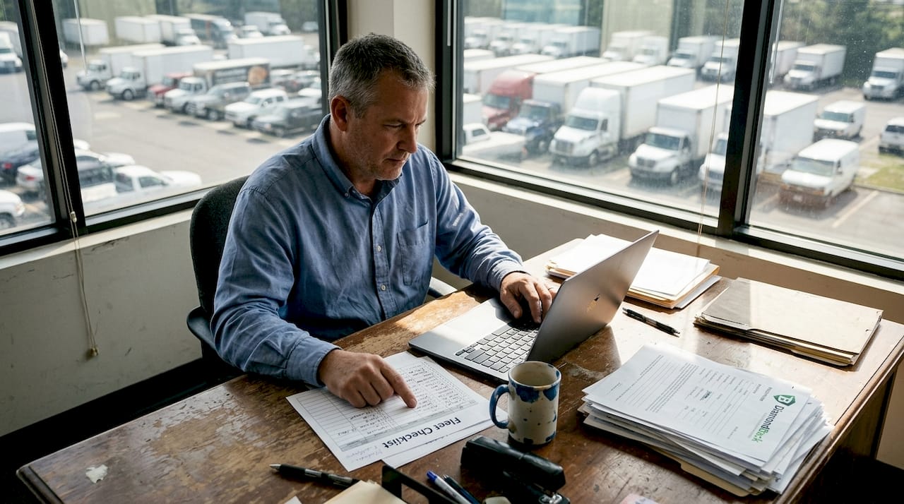 Fleet manager reviewing liability coverage documents