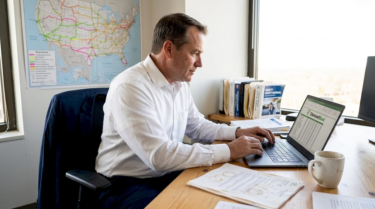 Fleet manager reviews trucking policies in office