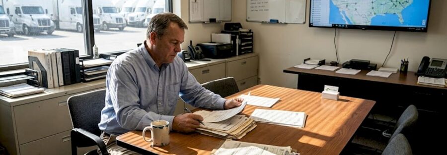 Fleet manager reviewing insurance paperwork in office
