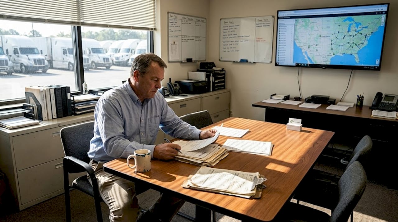 Fleet manager reviewing insurance paperwork in office