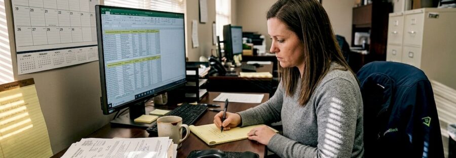 Fleet manager reviewing truck insurance documents