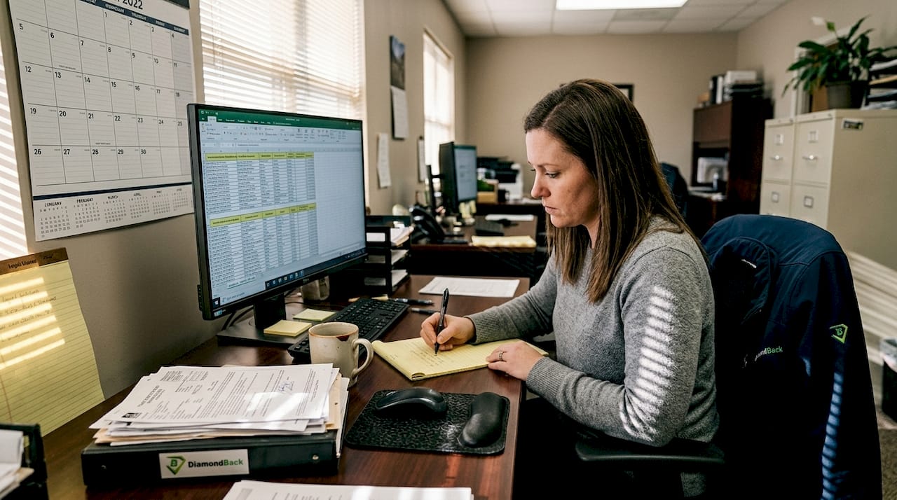 Fleet manager reviewing truck insurance documents