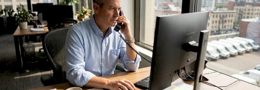 Fleet manager reviews insurance policy at desk