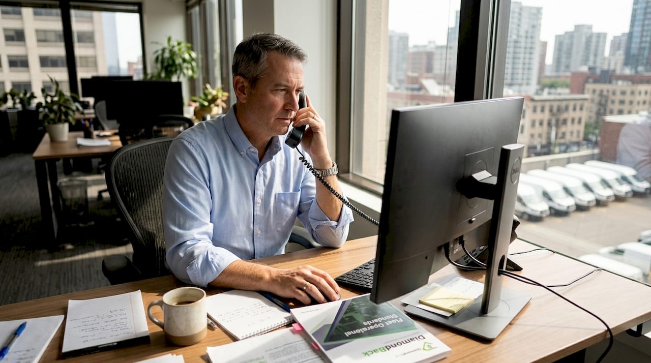 Fleet manager reviews insurance policy at desk