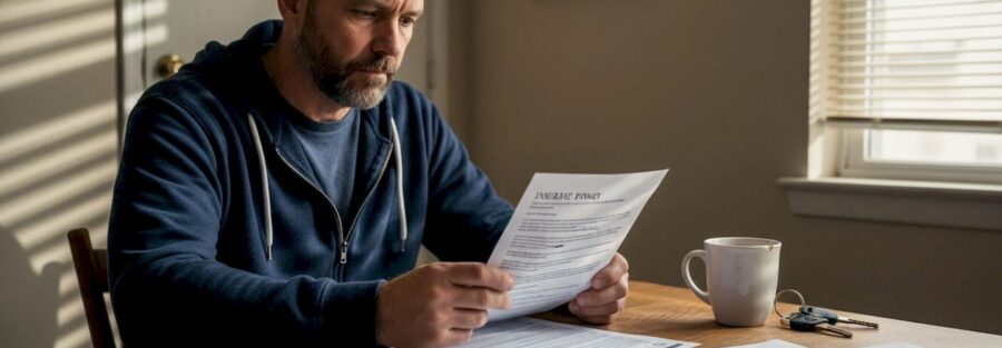 Truck driver reviewing insurance documents at table
