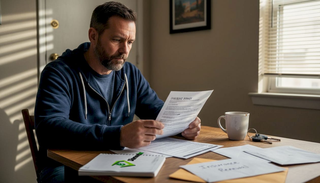 Truck driver reviewing insurance documents at table
