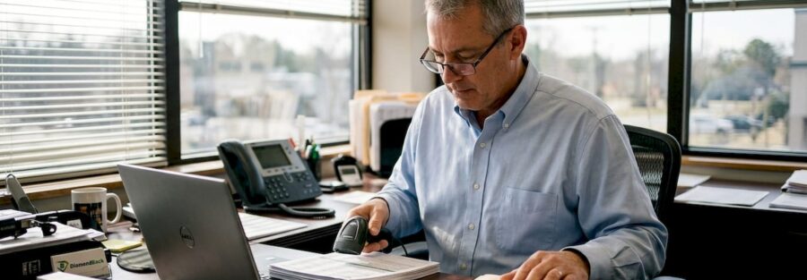 Fleet manager reviewing insurance claim forms