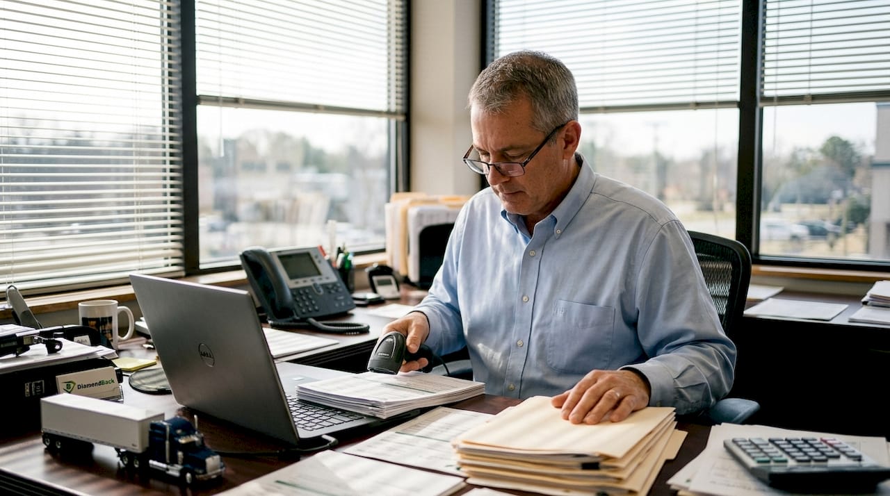 Fleet manager reviewing insurance claim forms