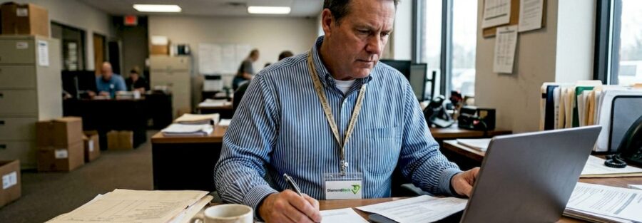 Fleet manager reviewing insurance policy documents