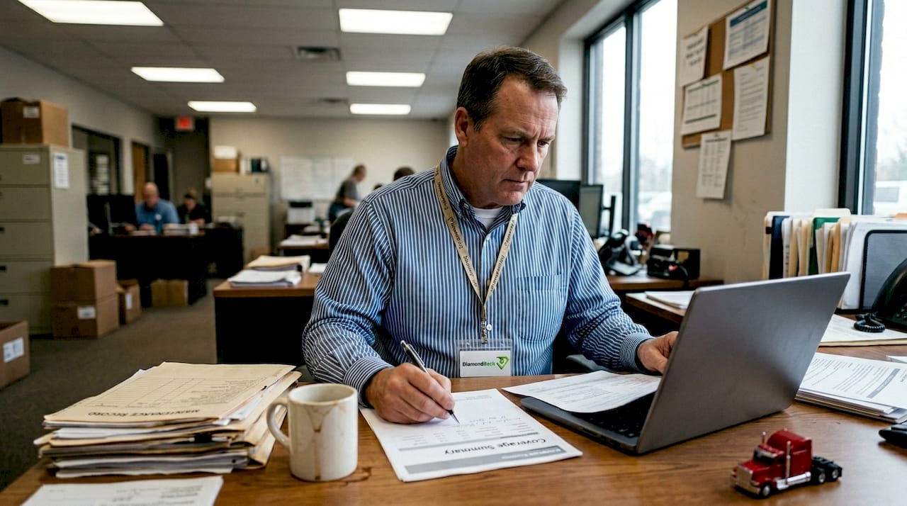 Fleet manager reviewing insurance policy documents