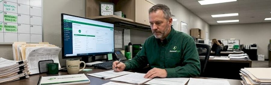 Fleet manager reviewing insurance renewal tasks
