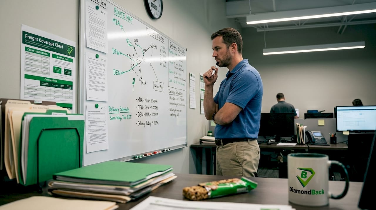 Fleet manager reviewing cargo insurance documents