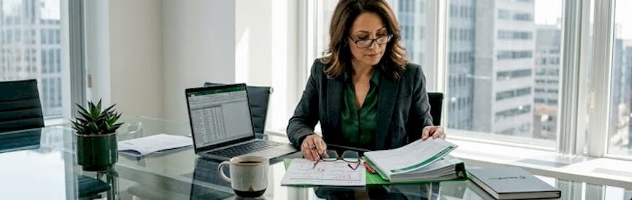 Business owner reviewing insurance paperwork in office