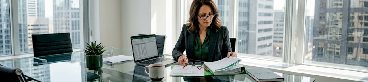 Business owner reviewing insurance paperwork in office