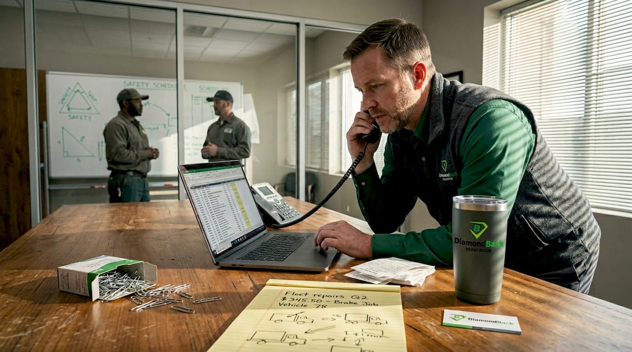 Fleet manager reviewing trucking risks in office