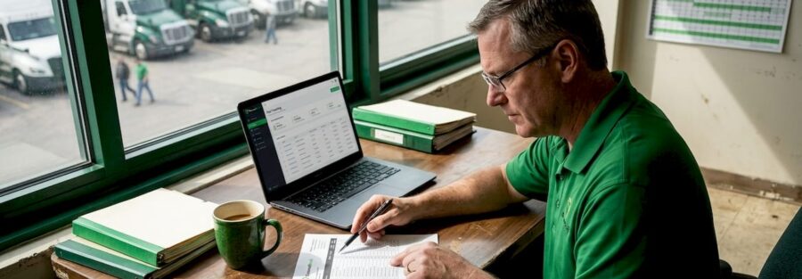 Fleet manager in office reviewing cargo paperwork
