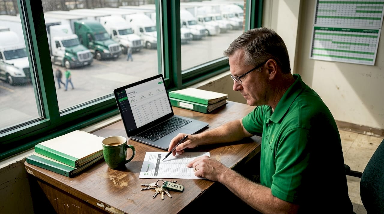 Fleet manager in office reviewing cargo paperwork