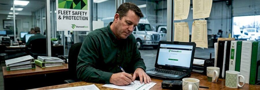 Fleet manager reviewing insurance paperwork in office