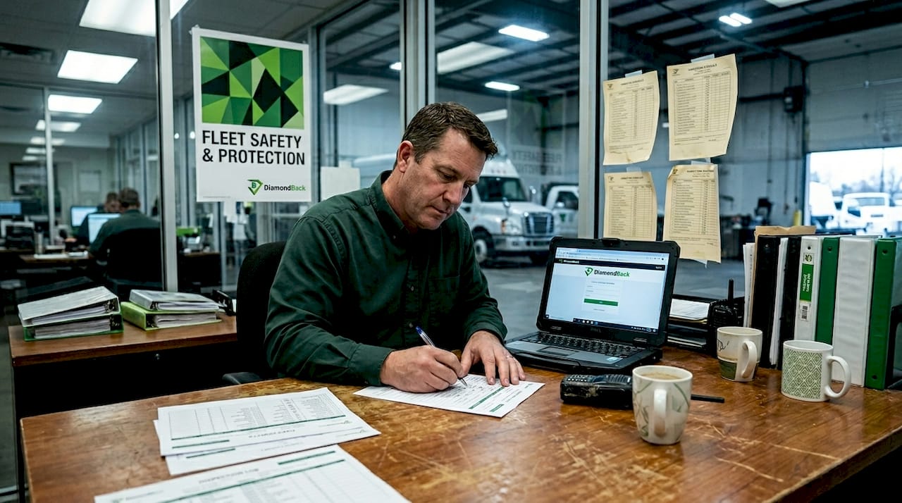 Fleet manager reviewing insurance paperwork in office