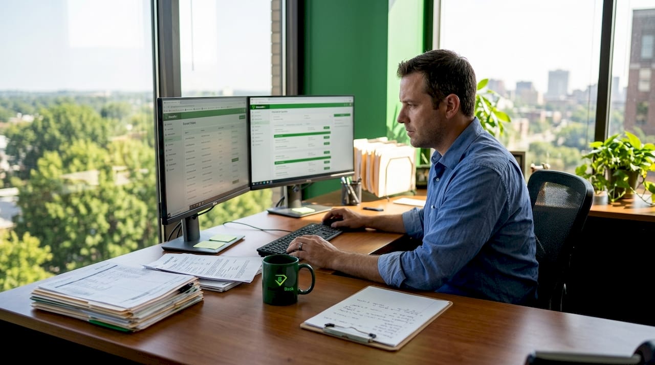 Fleet manager reviewing instant insurance quotes
