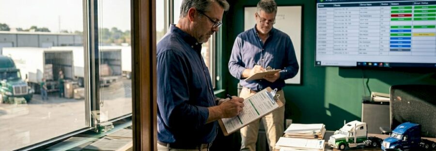 Fleet manager reviews insurance forms in office