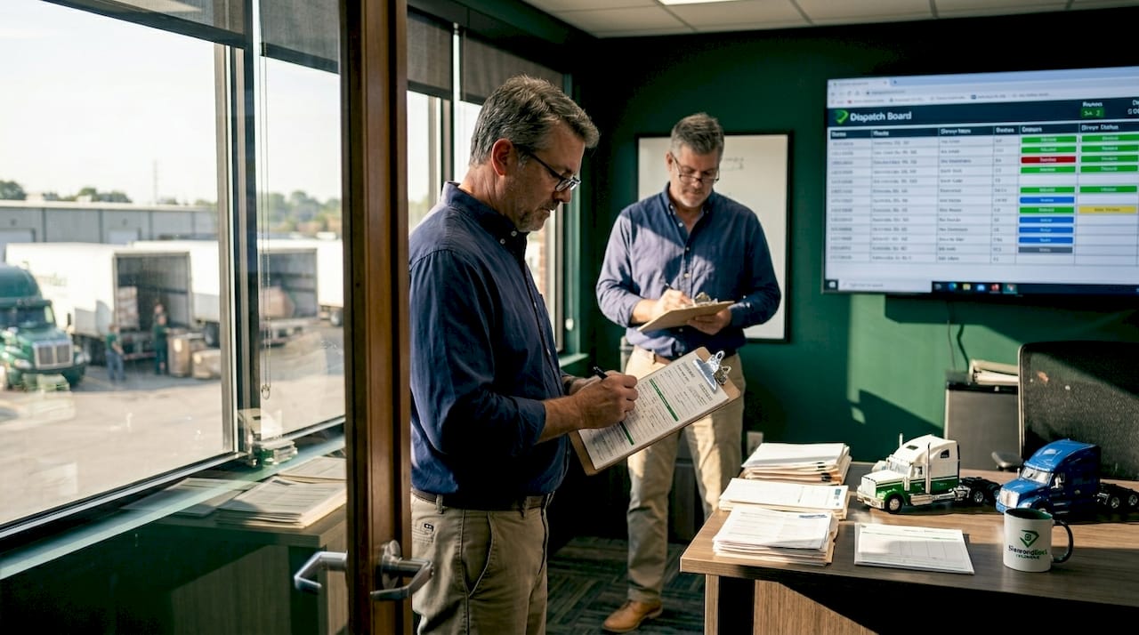 Fleet manager reviews insurance forms in office