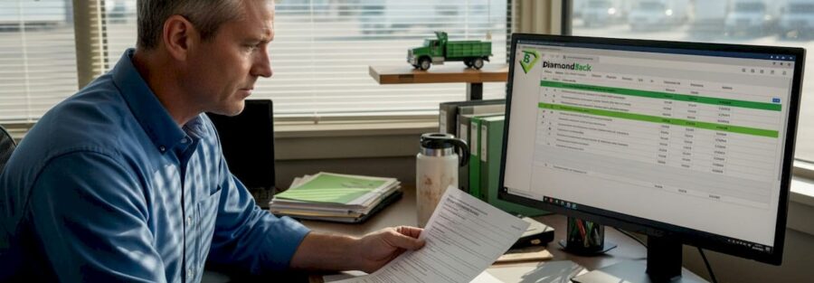 Fleet manager reviewing insurance policies at desk