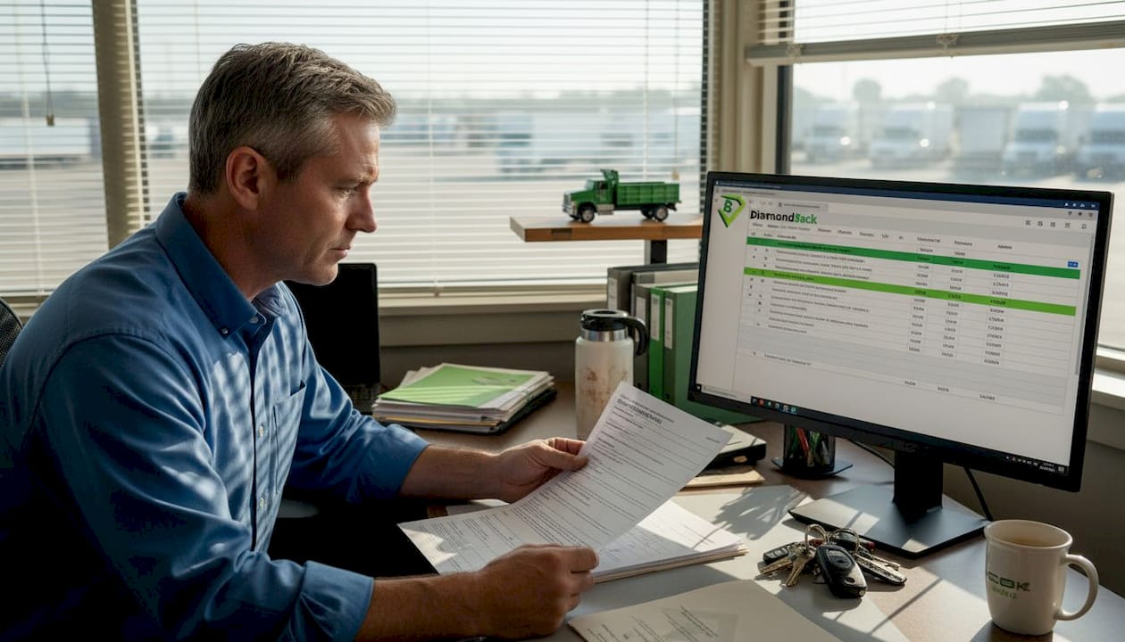 Fleet manager reviewing insurance policies at desk