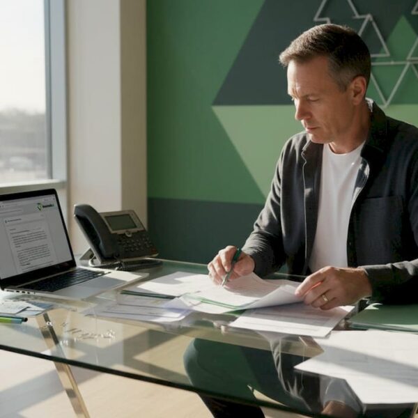 1778207460731_image Fleet manager organizing insurance paperwork at desk