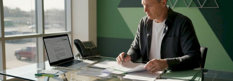 Fleet manager organizing insurance paperwork at desk