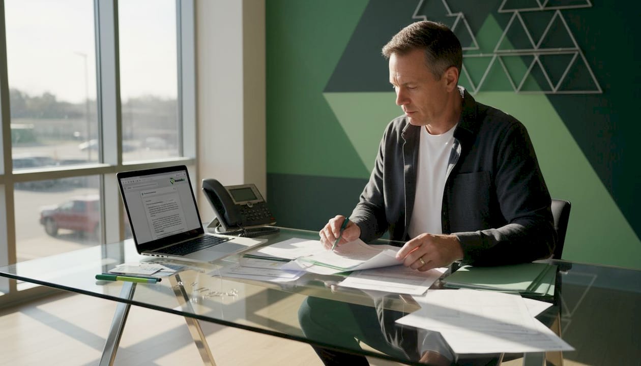 Fleet manager organizing insurance paperwork at desk