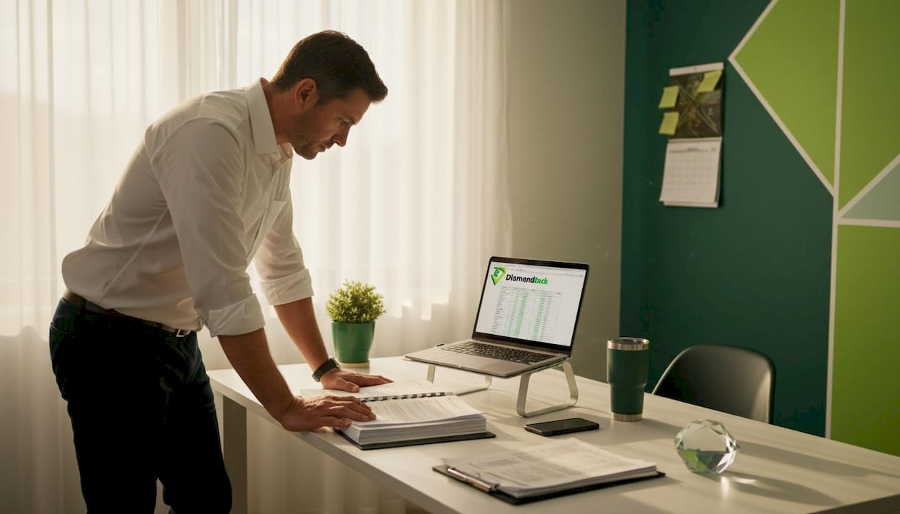 Logistics manager reviewing trucking insurance documents