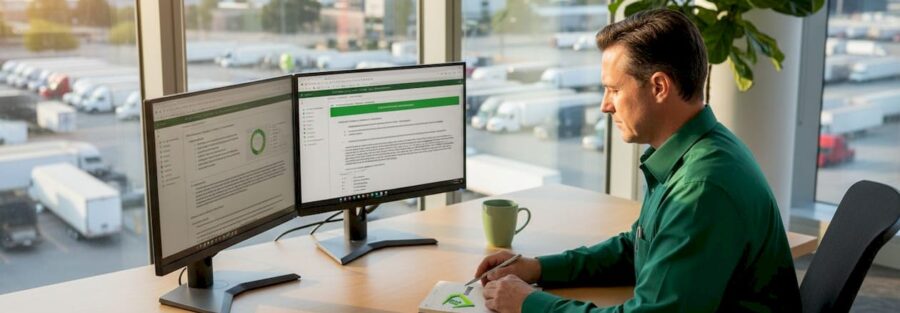 Fleet manager reviews insurance documents in office