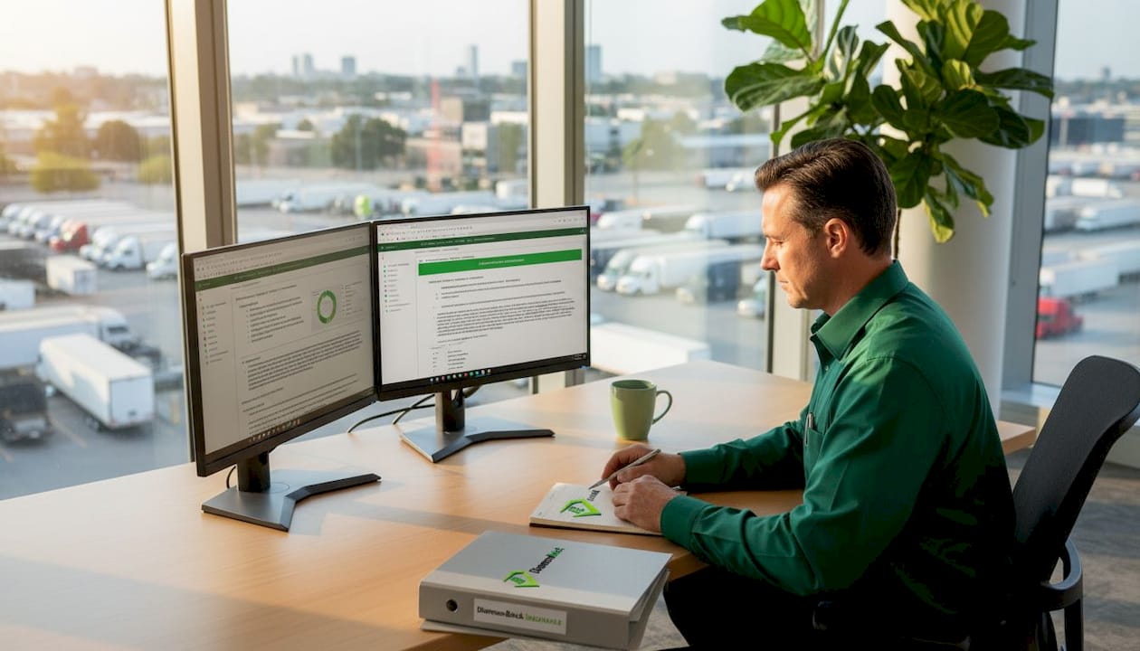 Fleet manager reviews insurance documents in office