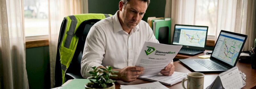 Manager reviews business interruption insurance in trucking office