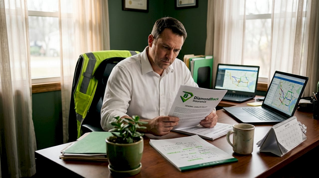 Manager reviews business interruption insurance in trucking office