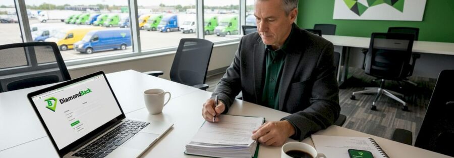 Fleet manager reviewing insurance paperwork in office